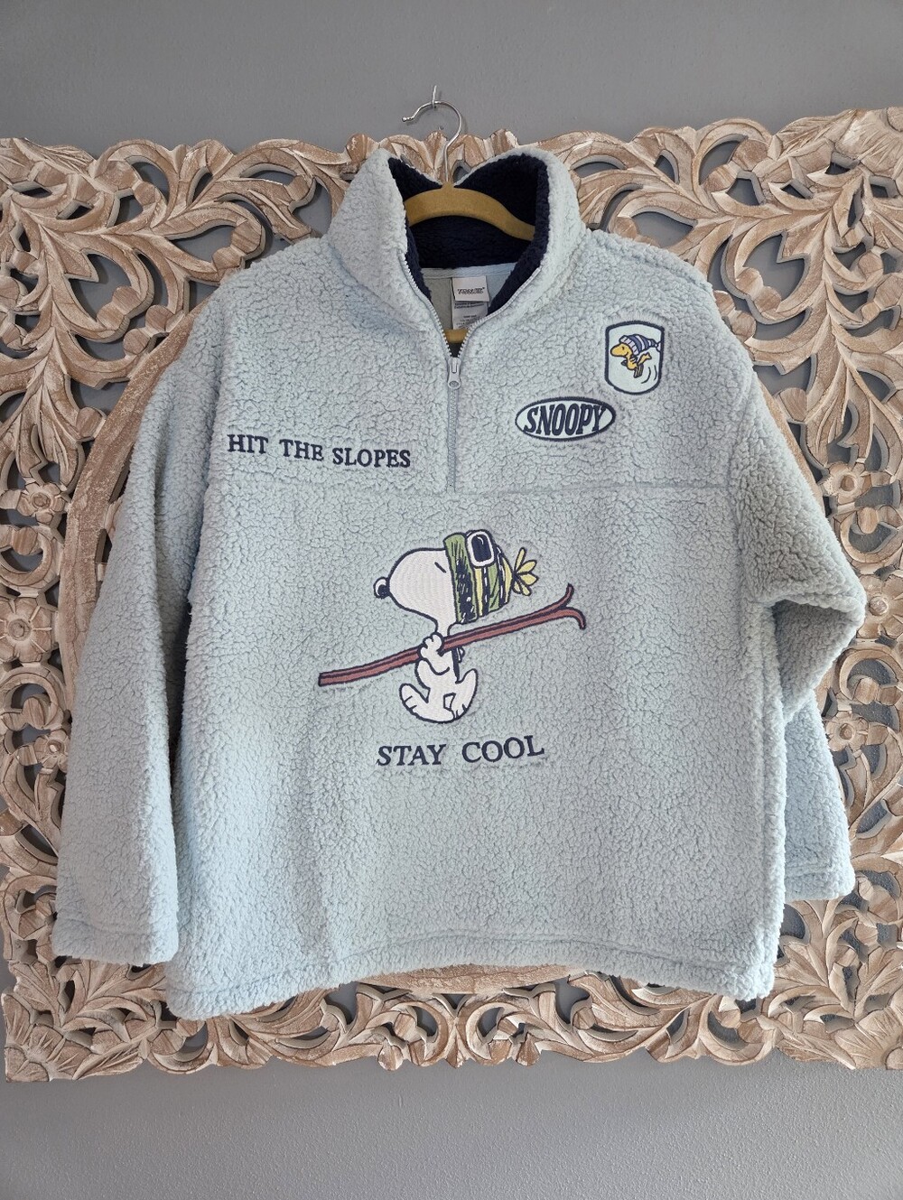 Peanuts Snoopy Blue Sherpa Quarter Zip Fleece Stay Cool Fleece Large